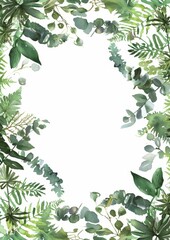 Floral composition with copy space in center. Green leaves of eucalyptus, fern on white background.