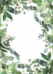 Naklejka premium Floral composition with copy space in center. Green leaves of eucalyptus, fern on white background.