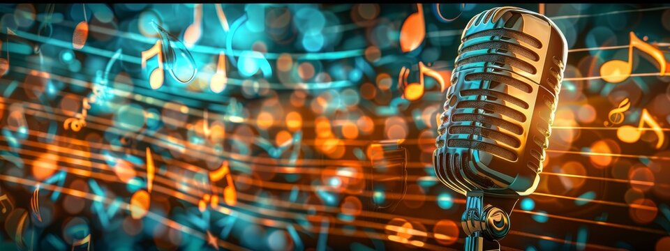 Old retro microphone on abstract music background with notes and icons symbolizing melody.