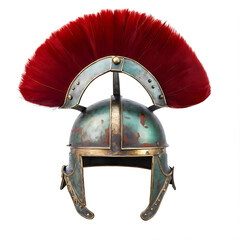 rusty steel Roman Centurion Helmet With Red Crest isolated on white background. Bronze rusted Ancient Greek hardhat. Ancient Roman helmet, vintage soldier armor to protect in battle.  wars of Empire