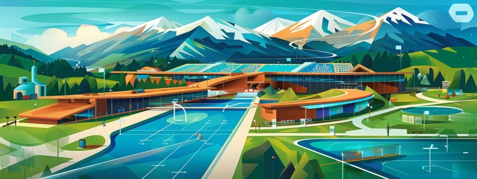 Olympic village in the mountains, flat illustration, recreation and accommodation complex for athletes