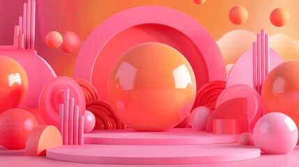 3D rendering of a pink and orange abstract geometric background with a podium for product display.