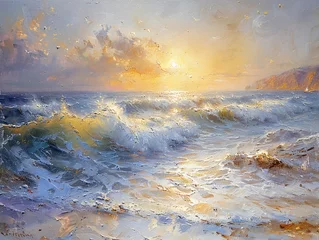 Zelfklevend Fotobehang seago style, plein air impressionism, wave breaking against rocky shoreline, golden hour lighting © 성우 양