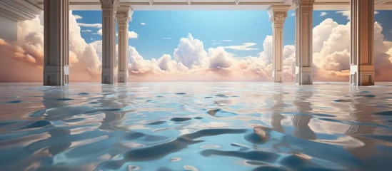 Schilderijen op glas An aquafilled room with columns offers a view of the cloudy sky, creating a serene blend of liquid and natural landscape art for leisure © AkuAku