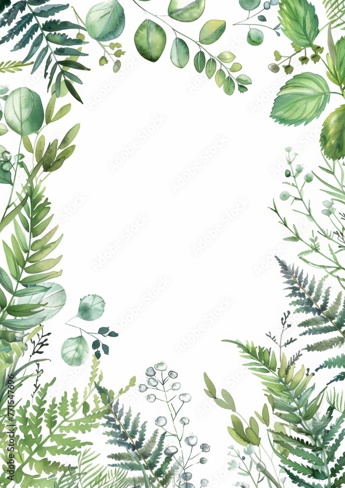 Wall mural Floral composition with copy space in center. Green leaves of eucalyptus, fern on white background.