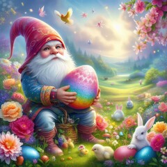 Obraz na płótnie Canvas gnome with a colored egg easter landscape