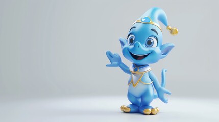 3D rendering of a cute blue cartoon genie with a big smile on its face. The genie is wearing a purple hat and vest, with gold accents.