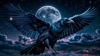 Beautiful mystical background with black raven and moon - obrazy, fototapety, plakaty