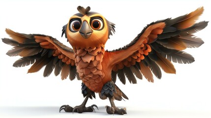 A cute and friendly cartoon owl with big eyes and a fluffy body. It has its wings spread out and is looking at the viewer with a curious expression.