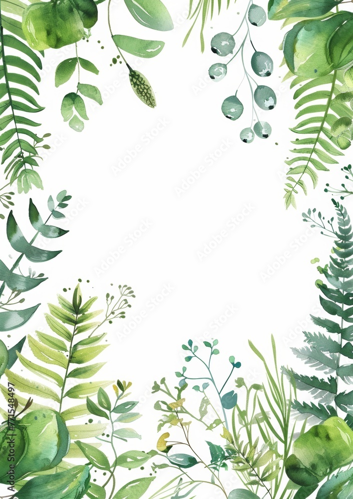 Wall mural Floral composition with copy space in center. Green leaves of eucalyptus, fern on white background.