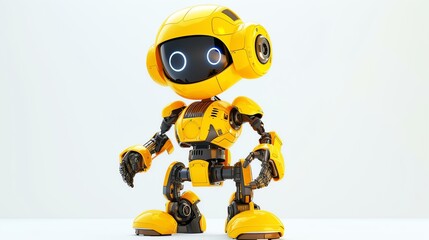 Cute and friendly yellow robot standing and looking at the camera. The robot has big round eyes, a small body, and thin arms and legs.