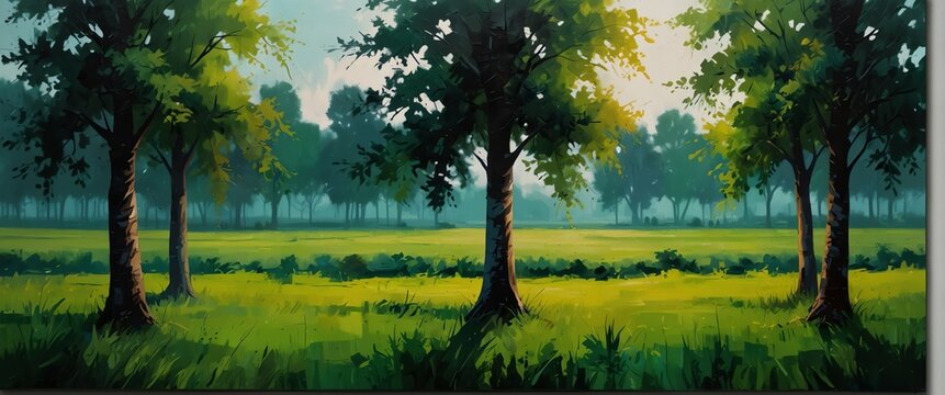 Green theme abstract trees field and meadows landscape oil pallet knife paint painting on canvas with large brush strokes art from Generative AI