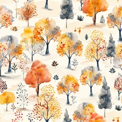 Watercolor illustration of a colorful forest in autumn, seamless pattern