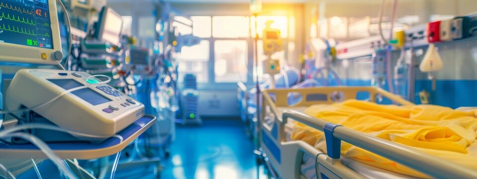 recovery ICU intensive care unit room ward with life support at hospital medical care emergency, biometrics and urgent monitoring of patient health care service banner with copy space