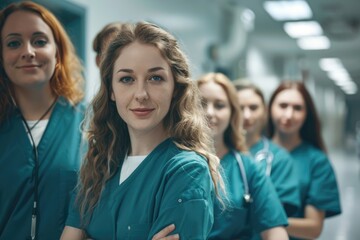 Fototapeta premium A group of confident healthcare professionals, nurses in teal scrubs, smiling in a bright hospital corridor.