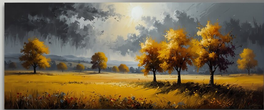 Yellow theme abstract trees field and meadows landscape oil pallet knife paint painting on canvas with large brush strokes art from Generative AI