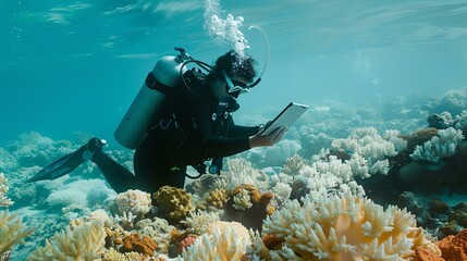 Underwater explorer using a tablet computer to study coral reef. - obrazy, fototapety, plakaty