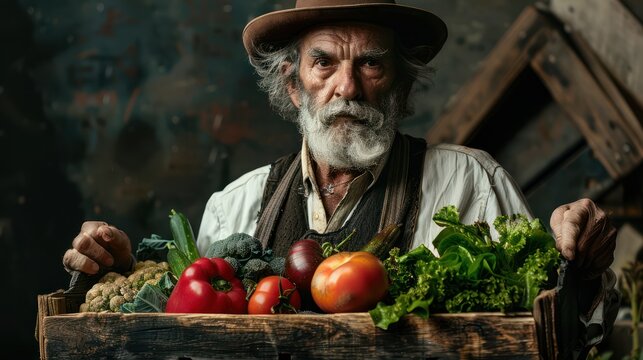 A farmer carries a wooden box full of fresh vegetables.