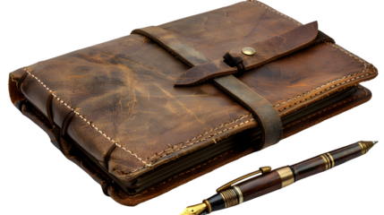 vintage book and pen isolated on transparent background, PNG, Ai.