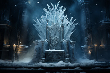 Decorated empty throne hall ice throne, A Throne Made of Ice with Large Snowflakes in the Snowy Kingdom