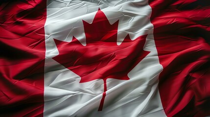 A flag of Canada blowing in the wind. The flag has a red background with a white square in the center.