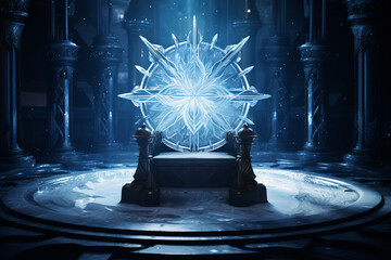 Decorated empty throne hall ice throne, A Throne Made of Ice with Large Snowflakes in the Snowy Kingdom - obrazy, fototapety, plakaty