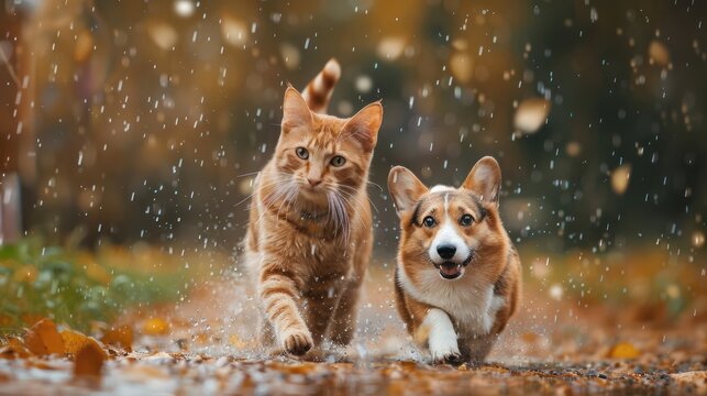 A cat and a corgi dog are walking in the meadow.