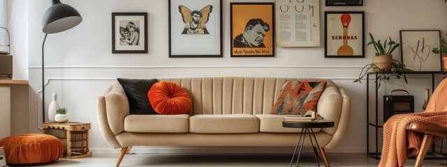 Retro living room interior with beige sofa against white wall with posters and black lamp above vintage television. with copy space image. Place for adding text or design