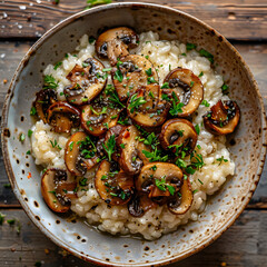 A comforting dish of risotto made with mushrooms and parsley, served in a bowl on a rustic wooden table