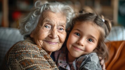 Young girl cuddling with grandma on sofa at home