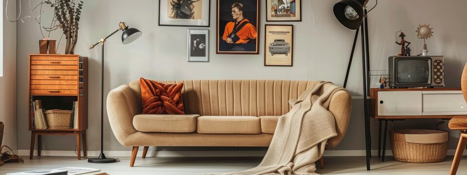 Retro living room interior with beige sofa against white wall with posters and black lamp above vintage television. with copy space image. Place for adding text or design