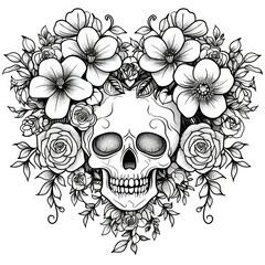 Coloring page, skull with roses