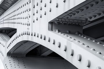 The image is a close up of a bridge with many small holes and screws