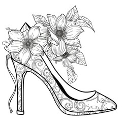Coloring page,  shoes and flowers