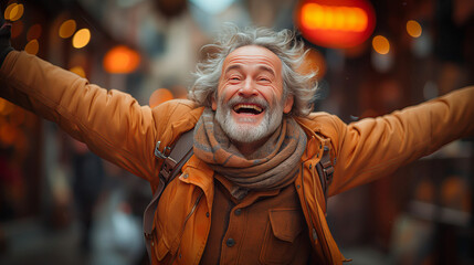 Obraz premium A handsome senior man with grey hair and beard is laughing. arms raised in the air, wearing an orange leather jacket and scarf. city street background with bokeh lights.
