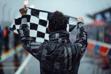 A man is holding a checkered flag in the rain