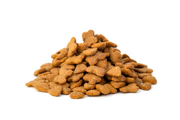 Heap of Dry dog food pellets isolated on white background
