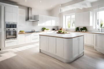 hazy image of a contemporary kitchen with white furnishings.