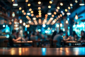 A blurry image of a restaurant with people sitting at tables and a bar