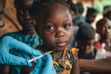 Young african child receiving a vaccine in a mobile health clinic in Africa, with a focus on the vaccine vial and the child's brave expression, representing hope and progress in global health