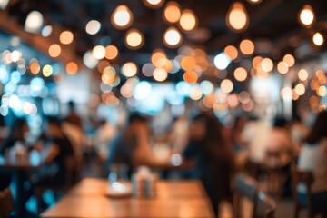 A blurry image of a crowded restaurant with people sitting at tables - obrazy, fototapety, plakaty