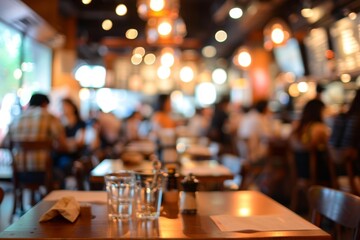 A busy restaurant with people sitting at tables and a blurry background
