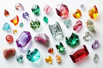 Jewel on white shine color, Collection of many different natural gemstones amethyst, lapis lazuli, rose quartz, citrine, ruby, amazonite, moonstone, labradorite, chalcedony, blue topaz	

