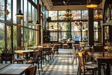 A restaurant with a lot of tables and chairs - obrazy, fototapety, plakaty