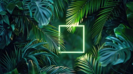 leaves coconut palm Green tropical with a square neon light in the center on black background, Natural leaves background