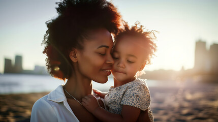 Portrait of beautiful african american mother with curly hair holding and kissing little daughter on the beach, sunset light, city background.