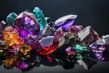 Jewel on black shine color, Collection of many different natural gemstones amethyst, lapis lazuli, rose quartz, citrine, ruby, amazonite, moonstone, labradorite, chalcedony, blue topaz	
