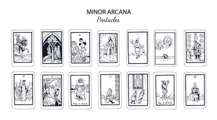 Set of Pentacles, in occult tarot cards deck. Minor arcanas designs set with Ace, Knight, King, Queen, Page of Pentacles signs and symbols in modern style. Isolated han drawn  vector illustrations
