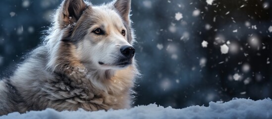 A white Canidae dog, possibly a companion or working dog breed in the Sporting Group, with fur standing out against the snowy background, stares directly at the camera in an electric blue gaze
