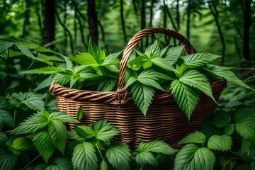 In the forest, fresh nettles among a nettle bush. a basket full with recently harvested nettles. Urtica dioica, often known as stinging nettle, common nettle, or nettle leaf.